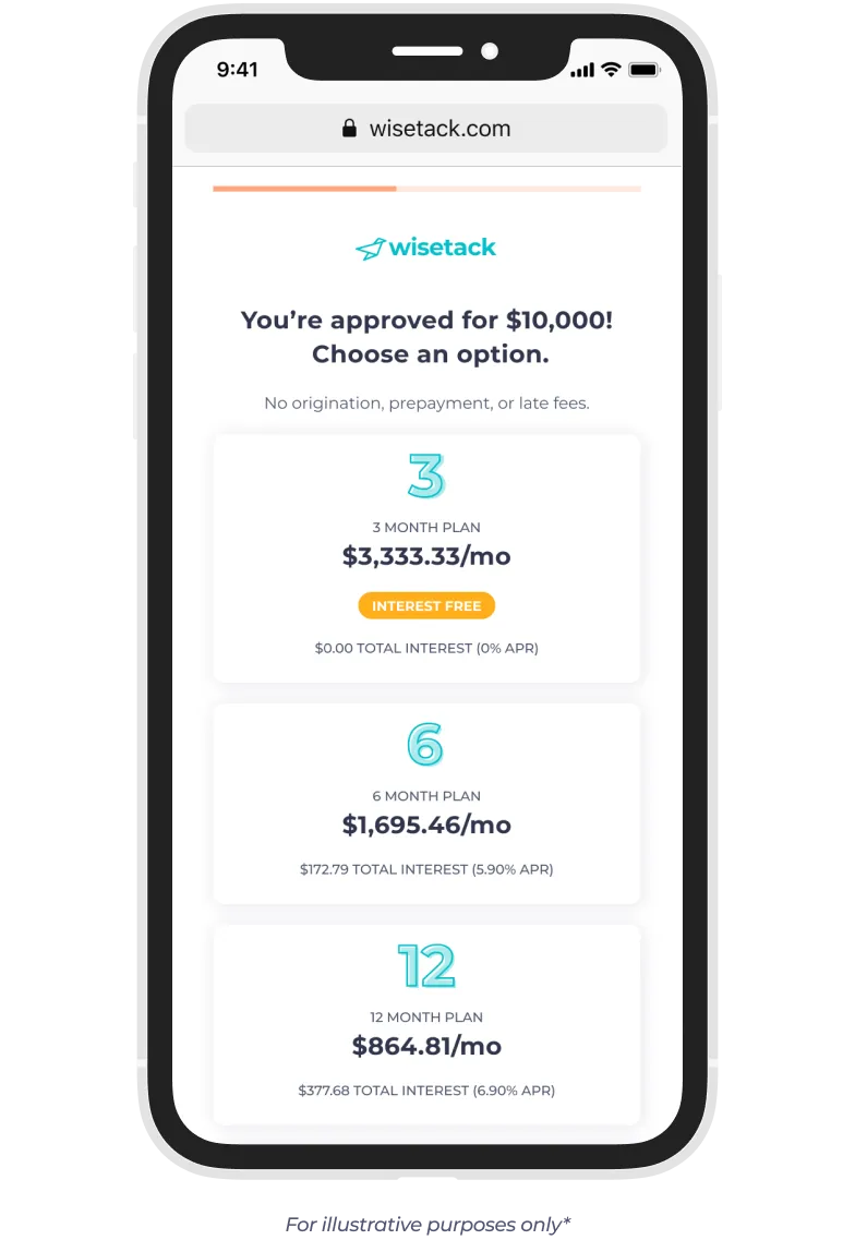 Wisetack financing approval screen for mold remediation, offering 3, 6, and 12 month payment plans.