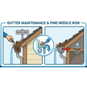 Gutter maintenance illustration showing pine needle blockage and water damage in North York homes.