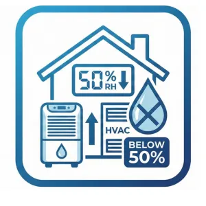 Home illustration showing dehumidifier, HVAC system, and moisture prevention for mold remediation in Spring, Texas.