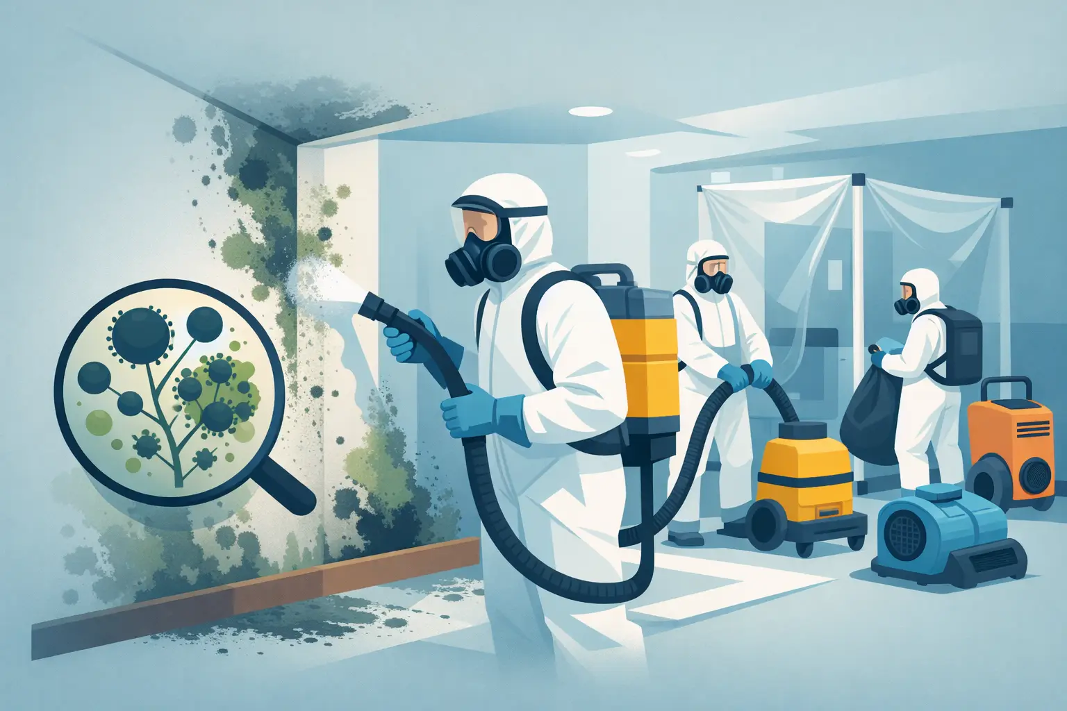 Professional mold remediation team in protective gear inspecting and cleaning mold from a wall, with equipment like vacuums and dehumidifiers visible.