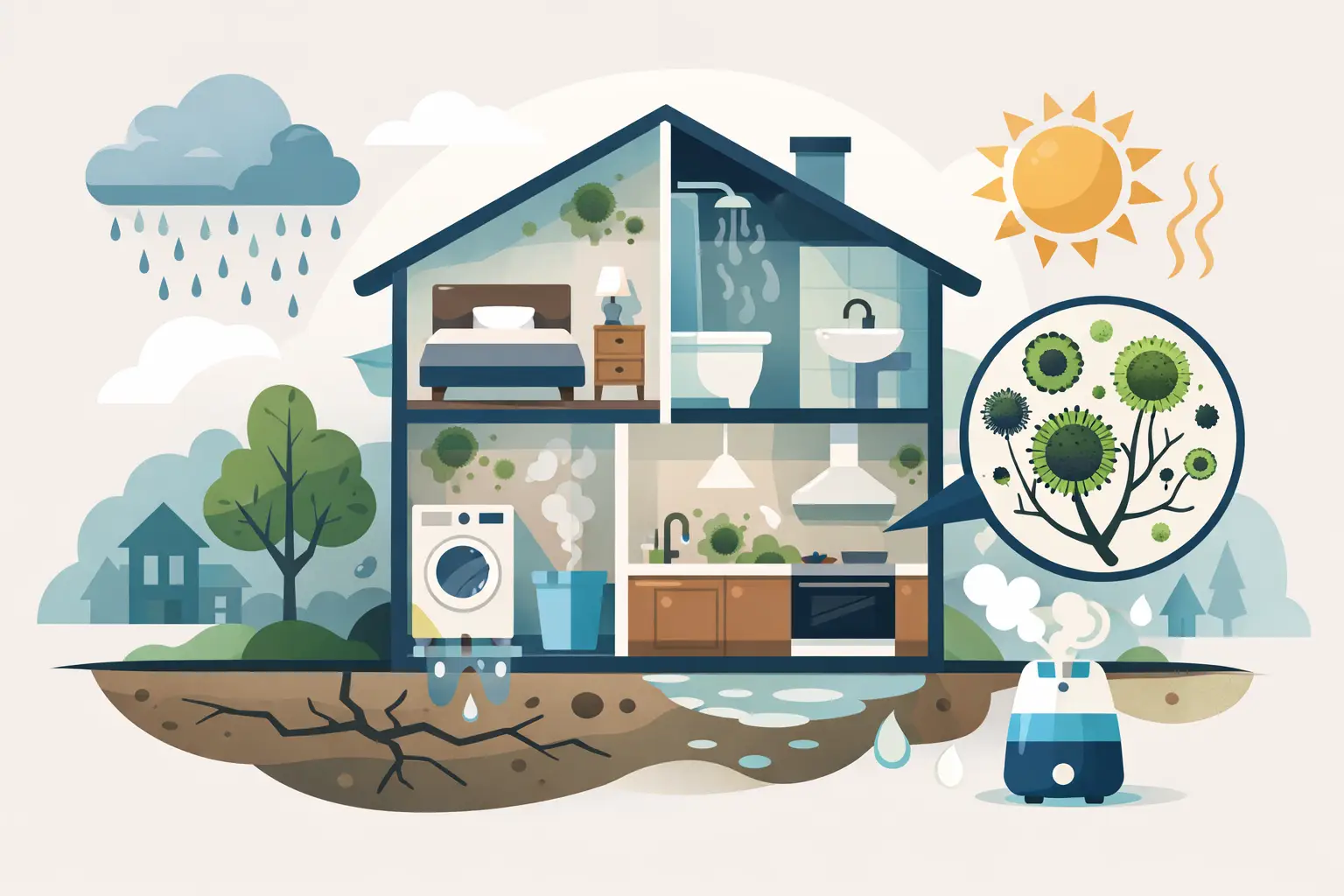 Illustration of a house cutaway showing moisture issues, mold growth, and water intrusion, highlighting causes of mold in Houston homes.