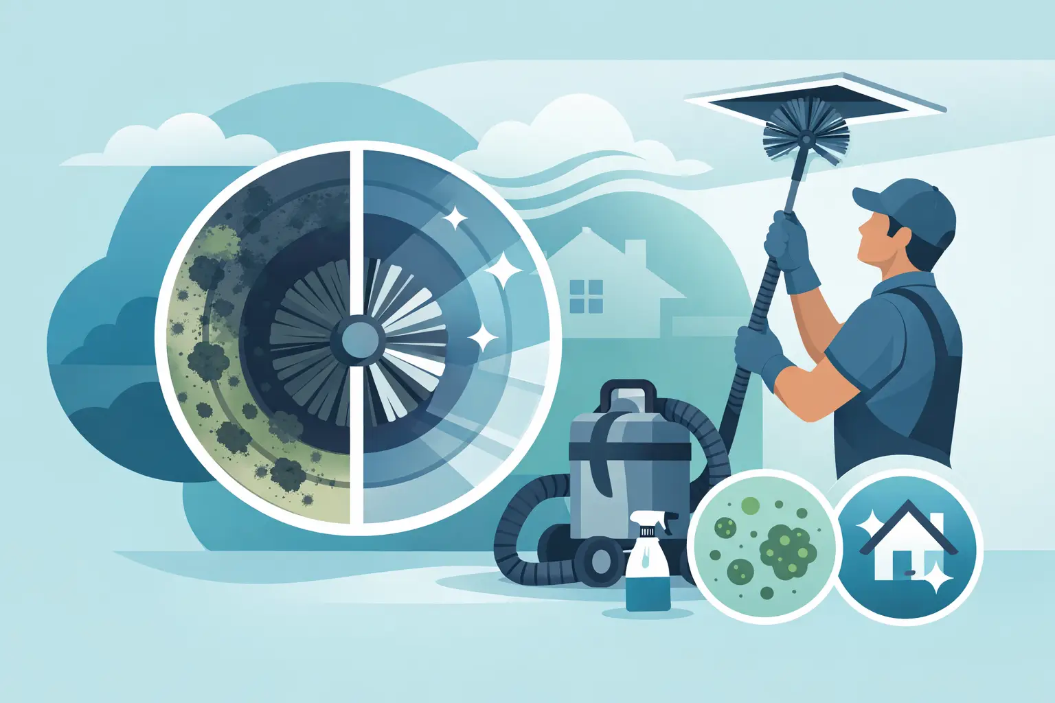 Air duct cleaning illustration showing a technician cleaning mold from a duct, with a vacuum, cleaning supplies, and visual representation of air quality improvement.