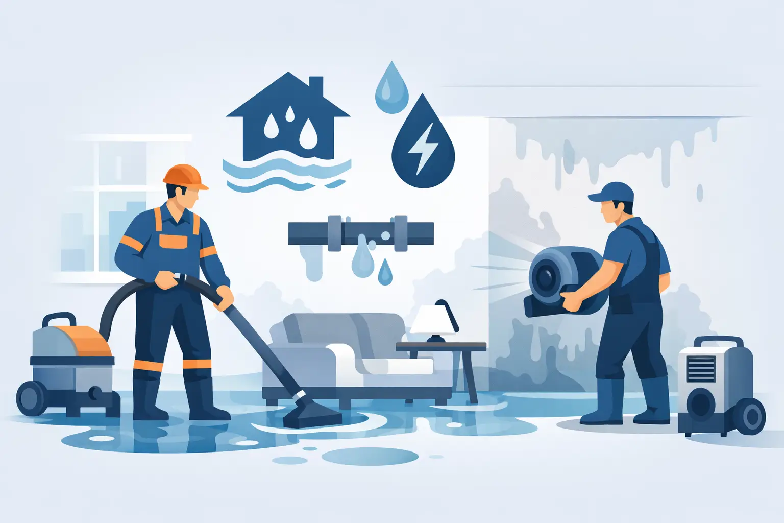 Emergency water mitigation services with workers using a vacuum and drying equipment in a flooded living room, featuring icons of a house, water droplets, and a pipe.