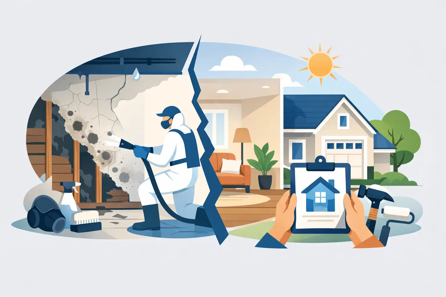 Home restoration process illustrating mold remediation, featuring a technician cleaning mold damage on walls, with a view of a restored home and inspection clipboard in the foreground.