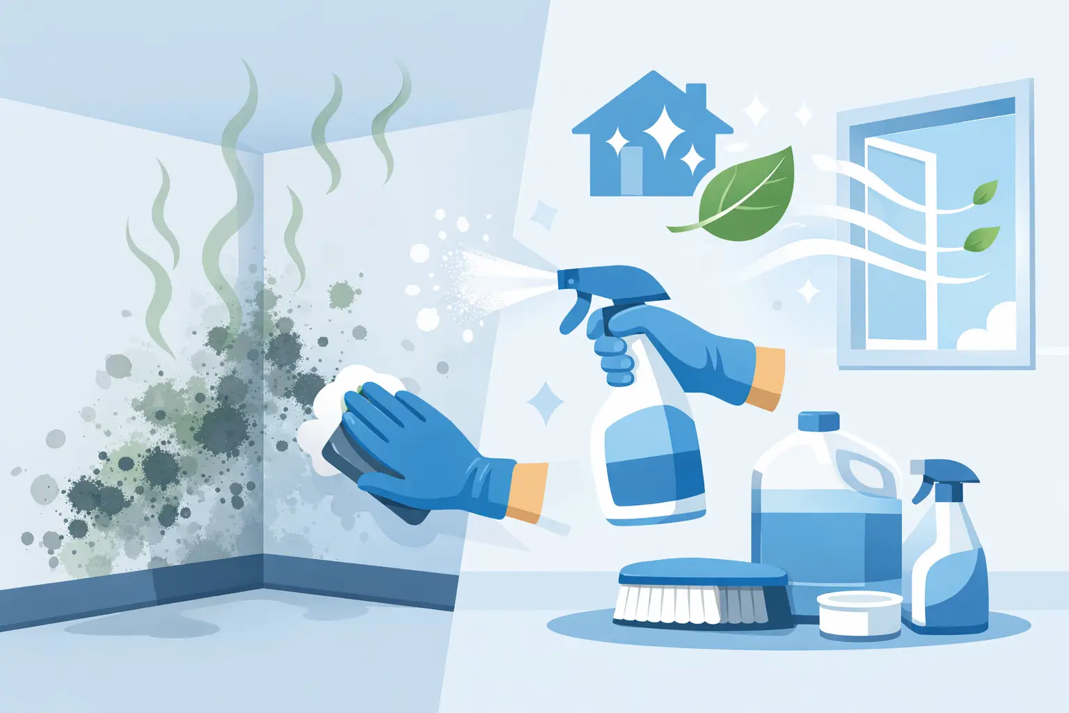 Illustration of cleaning mold from a wall, featuring a person in blue gloves scrubbing, spray bottles, cleaning supplies, and a window with fresh air symbol, emphasizing mold odor removal in homes.