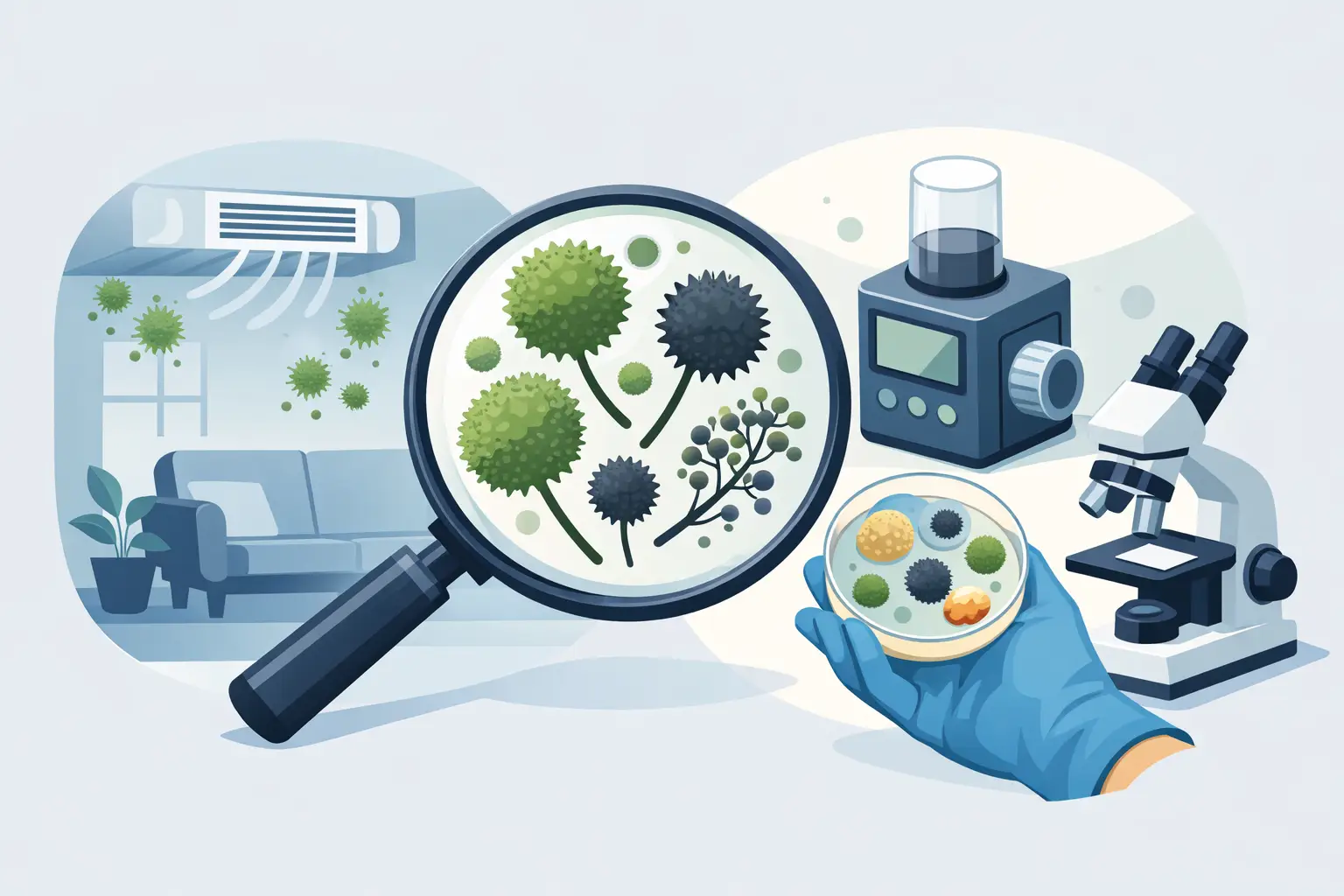 Illustration of indoor air quality mold testing, featuring a magnifying glass over mold samples, a petri dish held by a gloved hand, and lab equipment, emphasizing mold inspection and remediation in Houston homes.