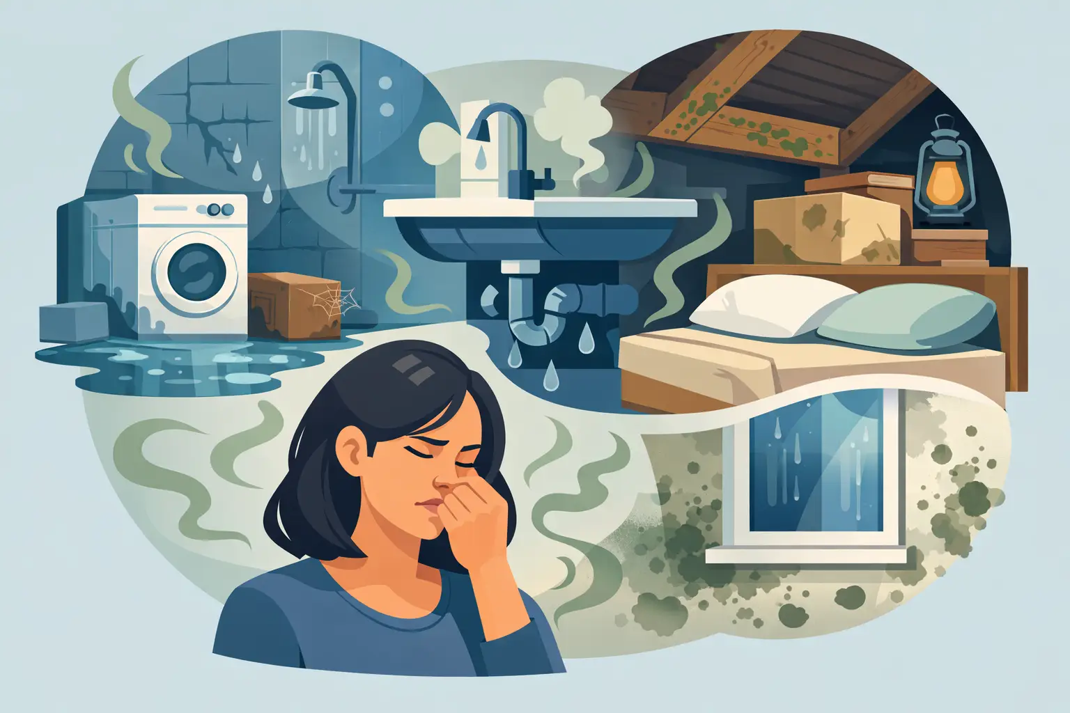 Illustration depicting a woman holding her nose in response to musty odors, with flooded areas, a washing machine, a sink, and signs of mold in a home environment, emphasizing causes of musty smells related to moisture and water damage.