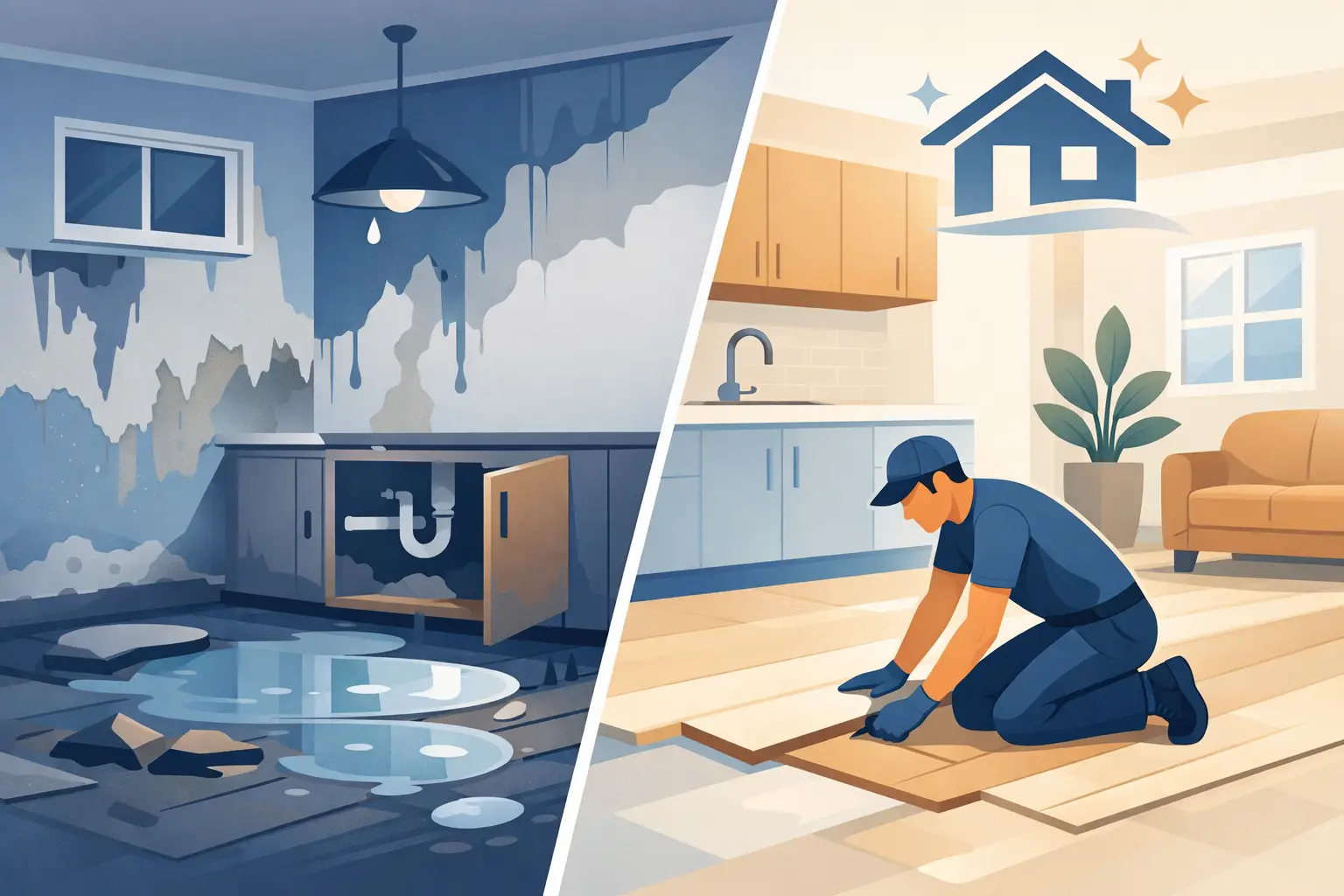 Reconstruction after water damage, illustrating a split image of water-damaged kitchen and a restoration worker installing flooring.