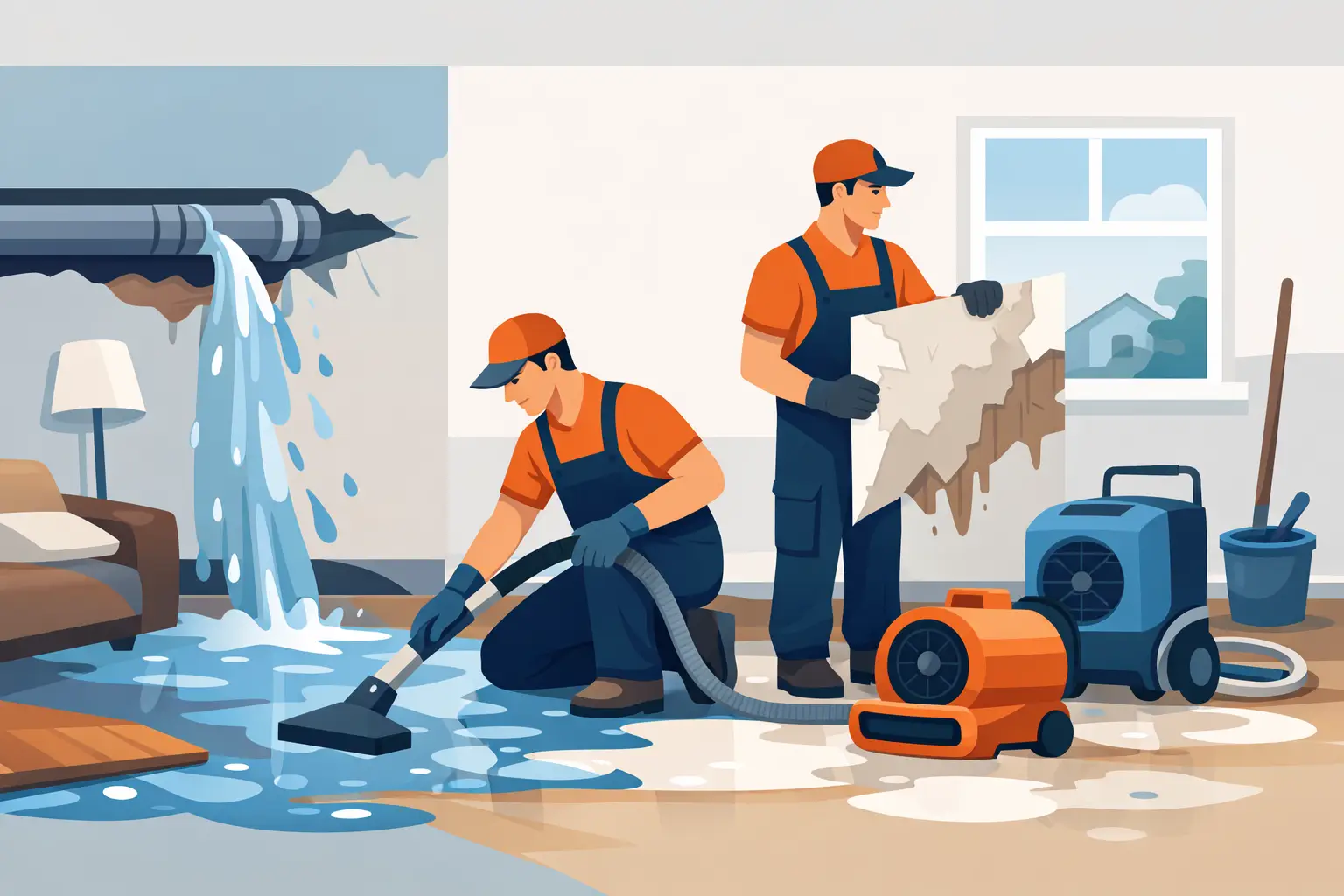 Water damage restoration scene with two workers addressing burst pipe issues, one extracting water with a vacuum and the other removing damaged drywall, featuring water accumulation on the floor and restoration equipment.
