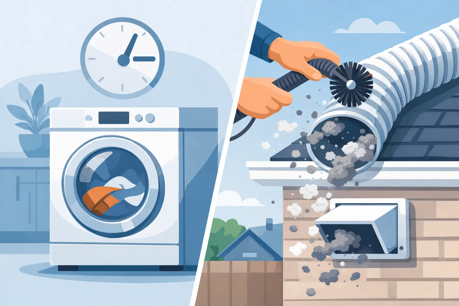 Washing machine with clothes and clock on one side, and a person using a brush to clean a dryer vent on the other, illustrating the importance of dryer vent maintenance for Houston homeowners.
