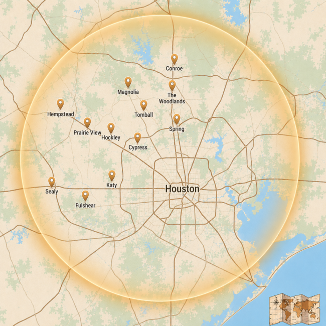 Team Home Solutions mold removal service area map covering Houston and surrounding Texas communities