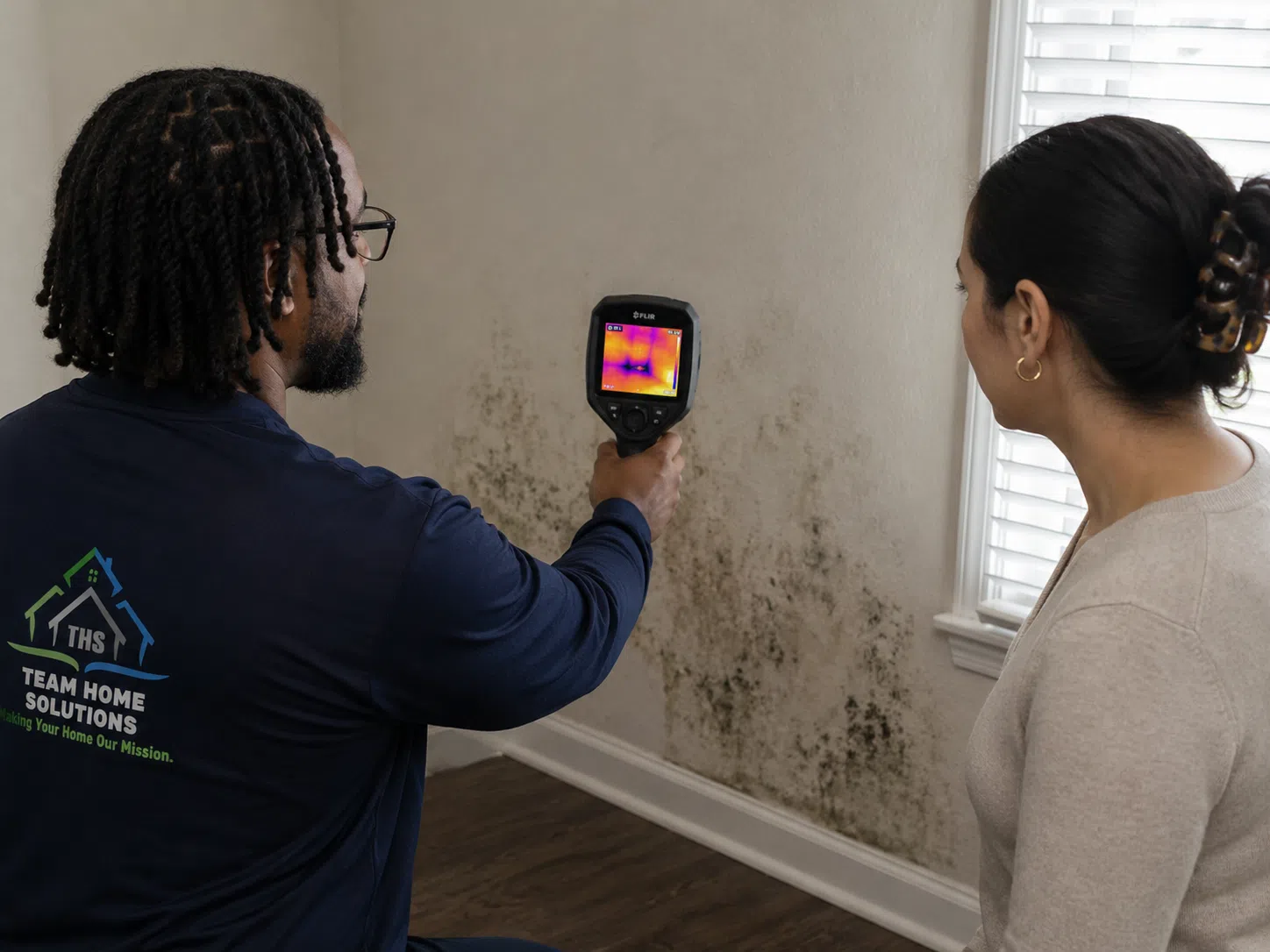 A worker uses a thermal imaging device for mold inspection Houston on a wall as a woman watches. Dark mold patches are visible near a window with closed blinds.