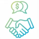 Two hands shaking below two overlapping speech bubbles, one with a dollar sign, symbolizing a financial agreement or business deal—ideal for illustrating Houston mold remediation contracts.