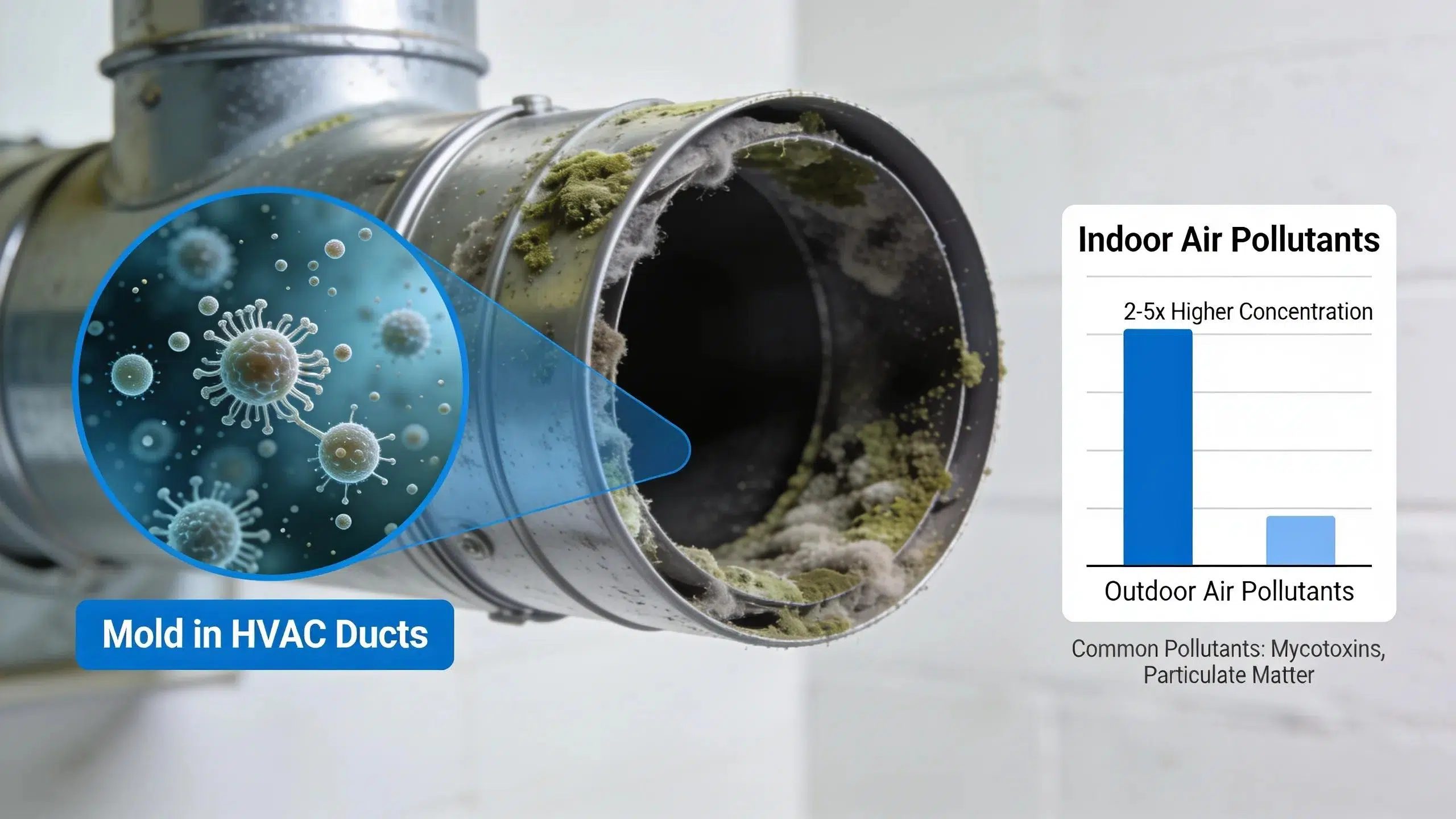 What Are the Health Risks Associated With Mold in Air Ducts? Indoor air pollutants linked to mold in HVAC ducts can measure two to five times