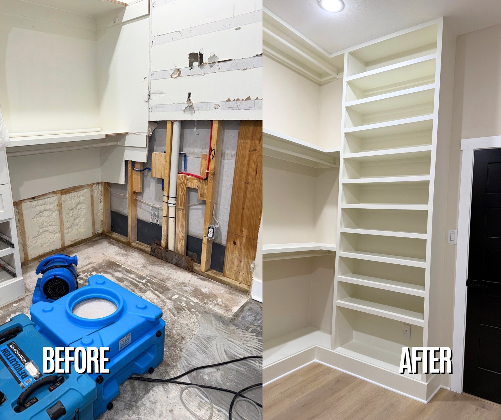 Renovation progress: before and after of a closet that had mold damage