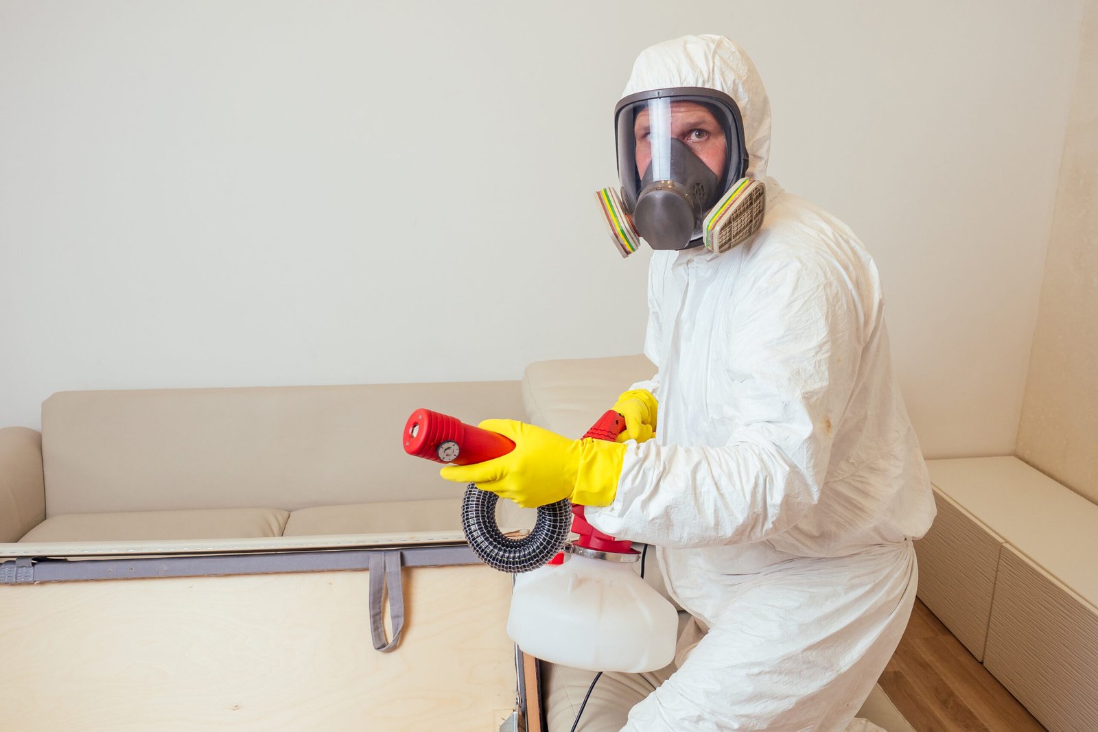 disinfectors in a protective suit and mask