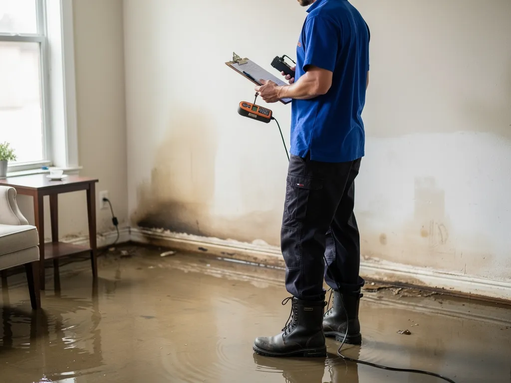 Best Emergency Procedures for Water Damage in Houston Technician in plain blue uniform documenting water damage and extracting standing water