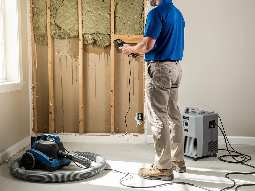 What Are the Health Risks Associated with Mold Exposure for My Family Water damage restoration technician in blue uniform inspecting a moisture-affected wall