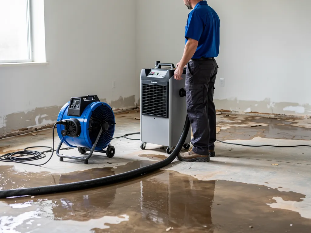What Are the Health Risks Associated with Mold Exposure for My Family Technician in blue uniform using water extraction equipment during restoration