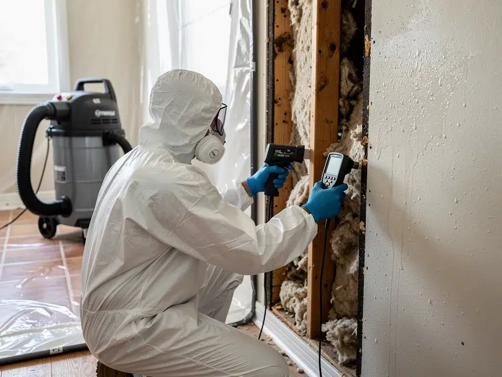 What I Learned About the Mold Remediation Timeline in Houston Technician in full protective uniform using moisture meter to locate mold's root cause